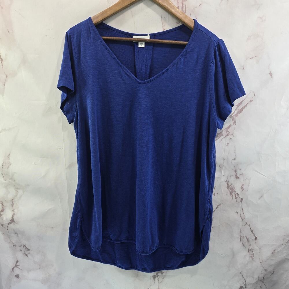 J Jill Shirt Womens Large Blue V Neck Short Sleeve Pleated Slit Royal Cobalt
